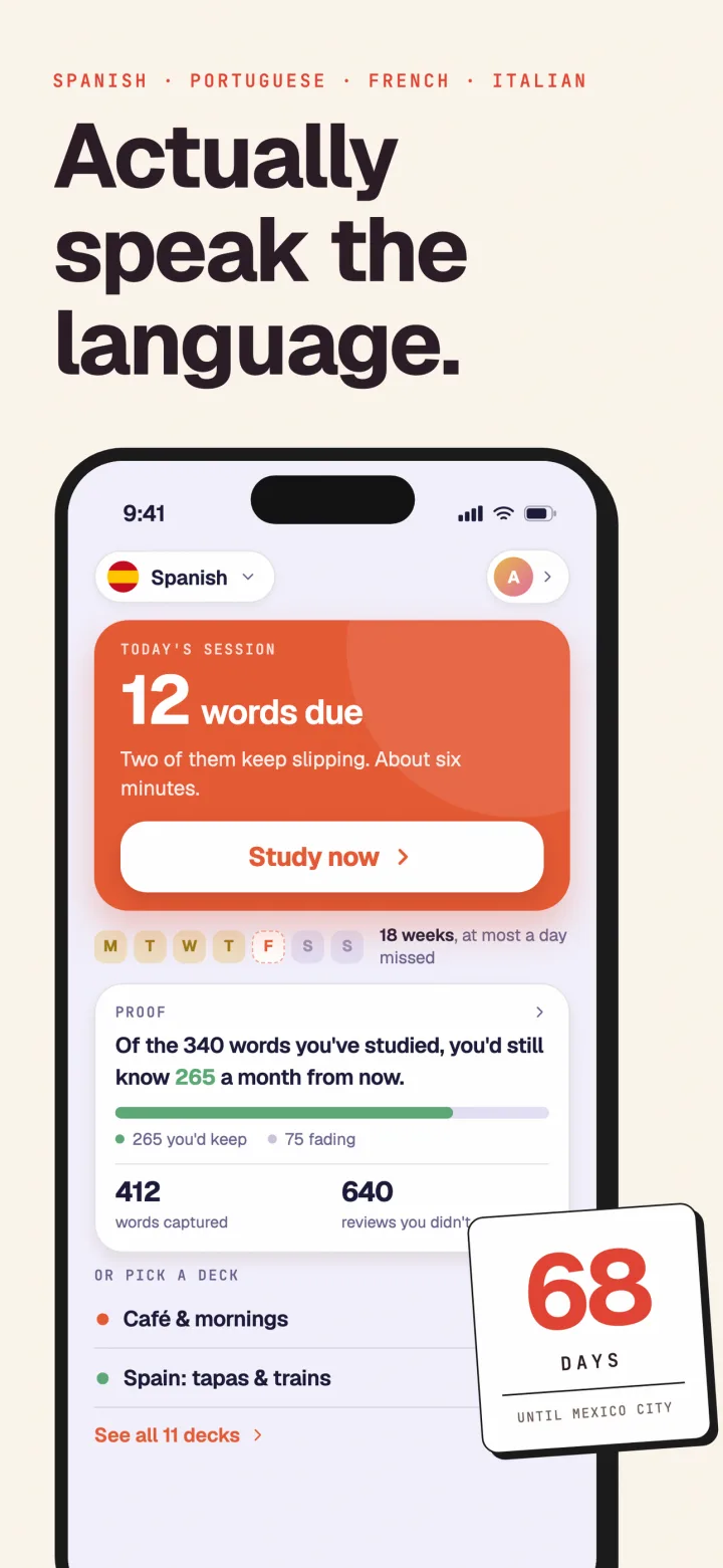 App Store screenshot titled 'Actually speak the language.' The home screen shows 12 words due today, a proof card saying you'd still know 265 of 340 studied words a month from now, and a countdown card reading 68 days until Mexico City.