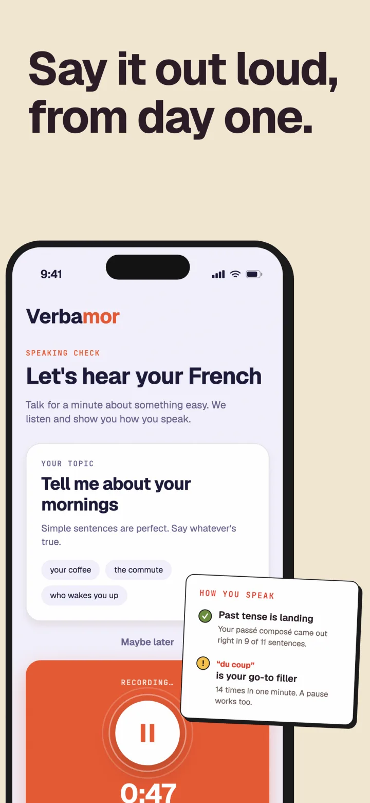 App Store screenshot titled 'Say it out loud, from day one.' A speaking check asks you to talk about your mornings in French for a minute, and a card reports that your passé composé came out right in 9 of 11 sentences.