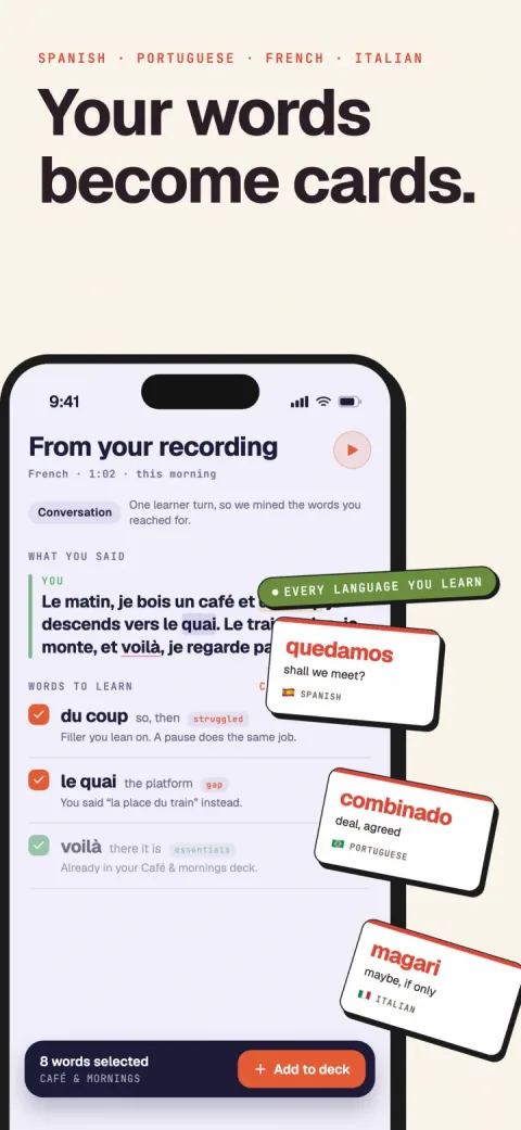 Verbamor screenshot: a one-minute French recording, transcribed, with the words the learner reached for listed underneath (du coup, le quai, voil&agrave;) and ticked to add to the deck. Finished cards in Spanish, Portuguese and Italian fan out beside the phone.
