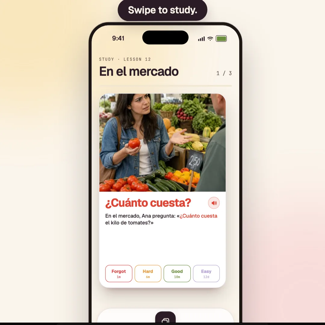 The Verbamor study screen in Spanish: a photo of a market stall, the phrase '¿Cuánto cuesta?' with an audio button, the example sentence below it, and four rating buttons reading Forgot, Hard, Good and Easy.