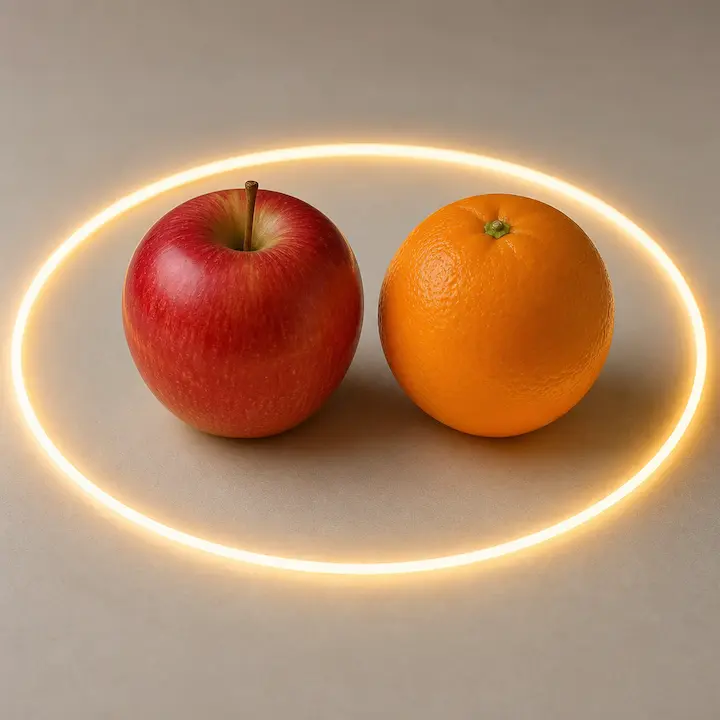 An apple and an orange side by side on a table, with one ring of light around both.