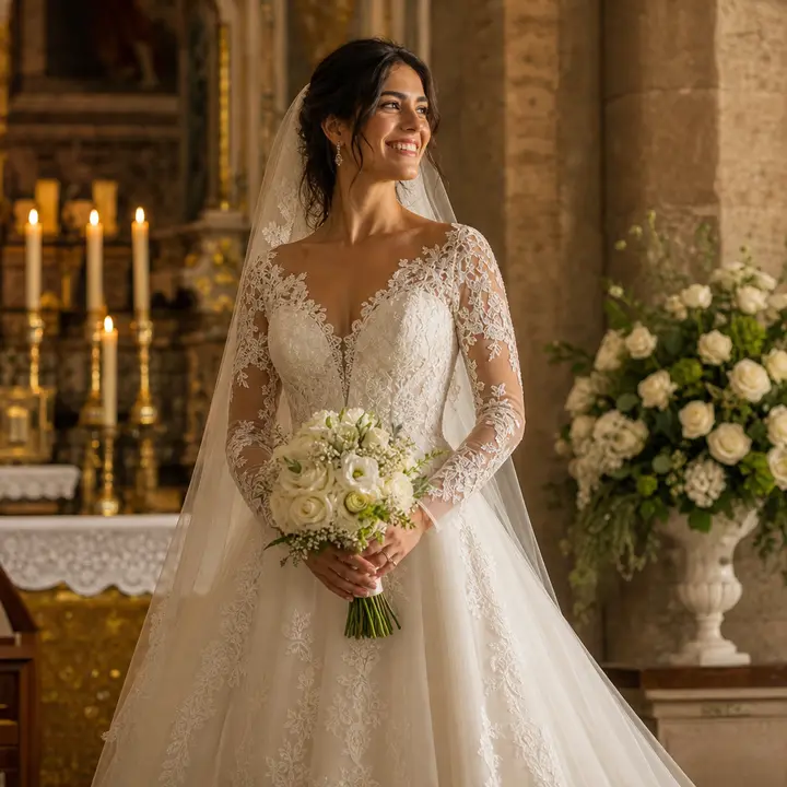 An Argentine bride with Latin American features stands at the altar of a colonial stone church, with warm golden light illuminating her elegant long white dress, embroidered with delicate lace details.
