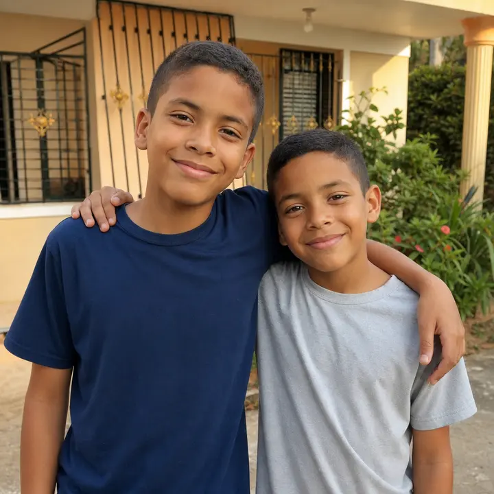 Two brothers of similar appearance, an older boy and a younger one, stand side by side with their arms over each other's shoulders in the yard of a Dominican home, smiling at the camera with a strong resemblance between them.
