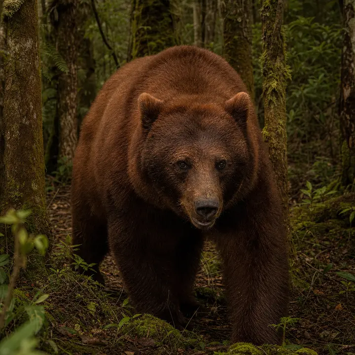 A large bear with intense brown fur walks among the trees of a Venezuelan Andean forest, with natural light highlighting the chocolate-brown tone of its thick coat.