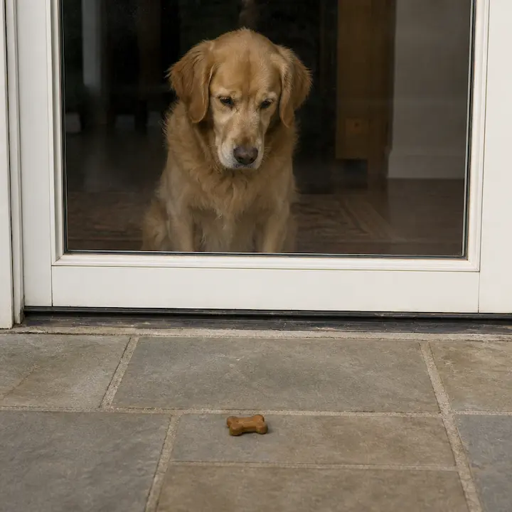 A golden dog looks sadly through a glass door at a bone-shaped cookie on the floor outside.