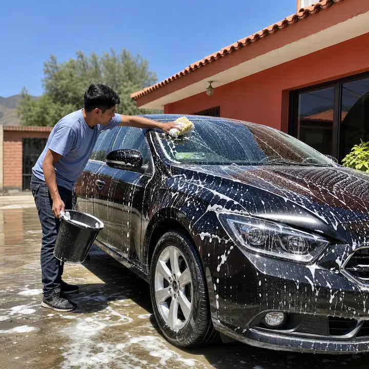 A young Bolivian man, bucket and sponge in hand, washes a shiny, foam-covered sedan car in the driveway of a house.