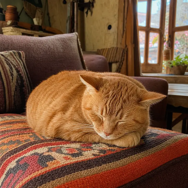 A short-haired orange cat lies asleep on a sofa in the living room of a Bolivian home, with its paws tucked in and its eyes closed.