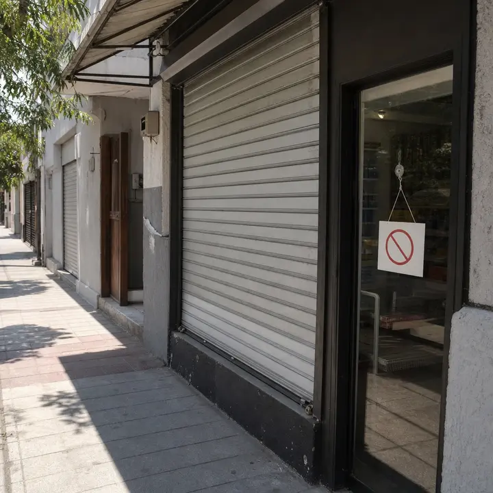 A sidewalk with closed commercial storefronts, with metal shutters rolled down and a no-entry sign hanging on the glass door of one of the businesses.