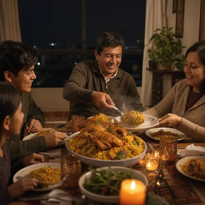 A Peruvian family gathered around a nicely set table at night, with a steaming dish of rice with chicken at the center and lit candles illuminating the scene while darkness is visible through the window.