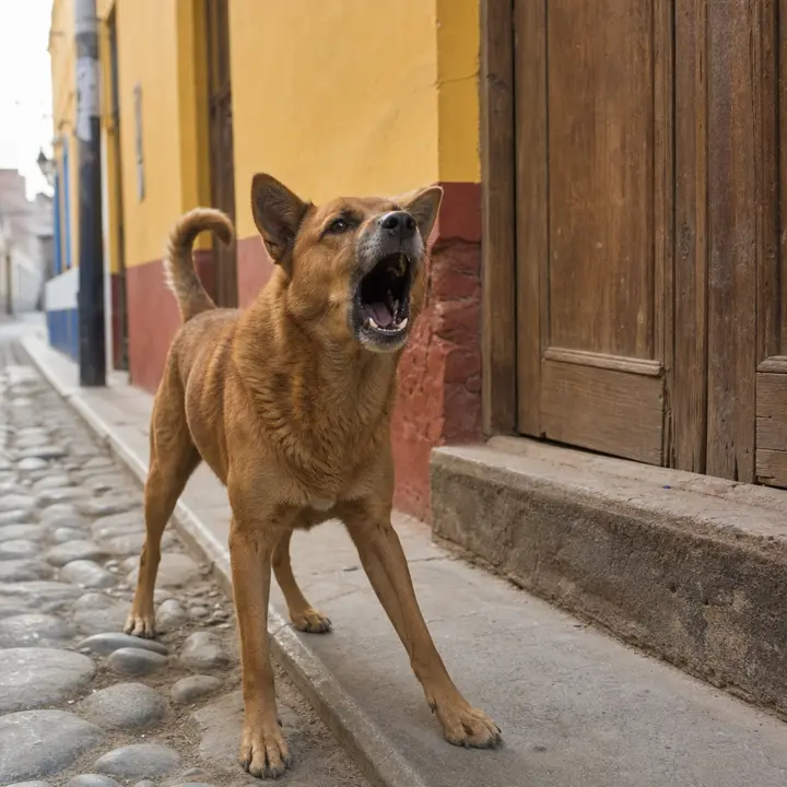 A medium-sized dog with brown fur and upright ears barks in front of a rustic wooden door on a typical Lima street: adobe walls painted in warm colors and uneven cobblestones under the morning light.