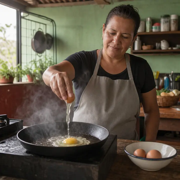 A Costa Rican cook wearing an apron cracks an egg with one hand over a steaming black pan in a simple home kitchen.