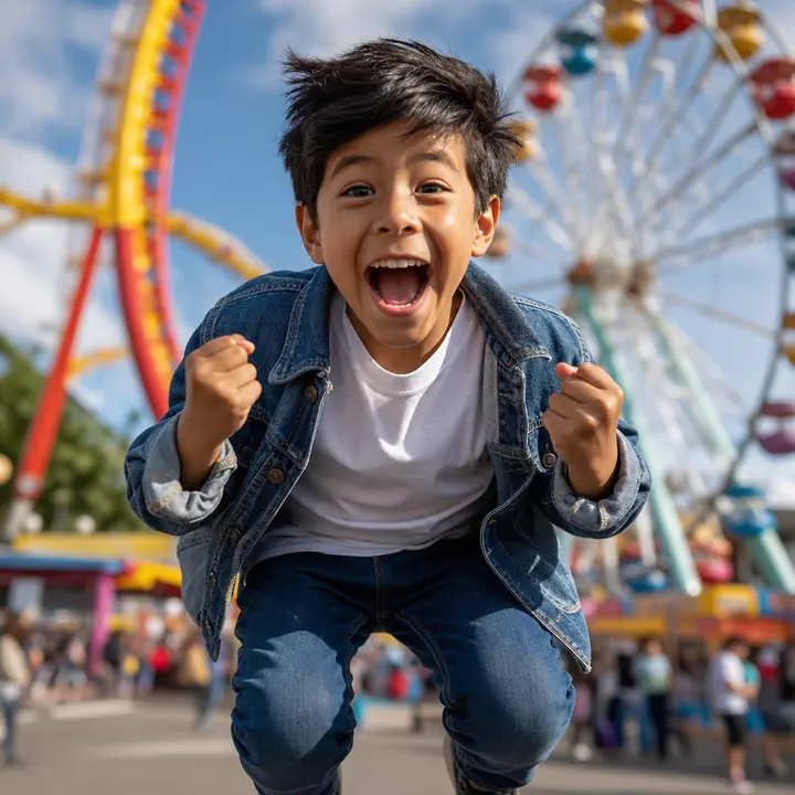 A boy at an amusement park, mouth wide open and fists raised, caught mid-jump for joy.