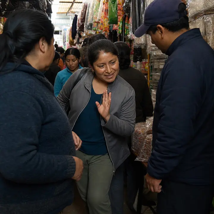 In the narrow aisle of an Ecuadorian market, a lady with her hair tied back slips sideways between two people, her body leaning and one hand raised with an open palm in a polite gesture asking to pass, while the others step aside to let her through.