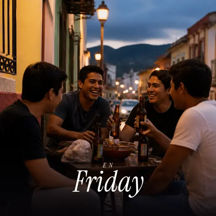 Friends laughing around an outdoor table with drinks as the streetlights come on, with the English word Friday printed across the bottom.