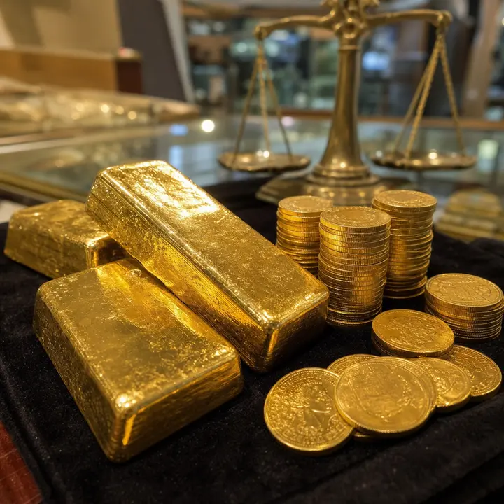Several gleaming gold bars and coins stacked together shine intensely in the foreground on a dark cloth in a Chilean jewelry shop, with golden glints reflecting the light.