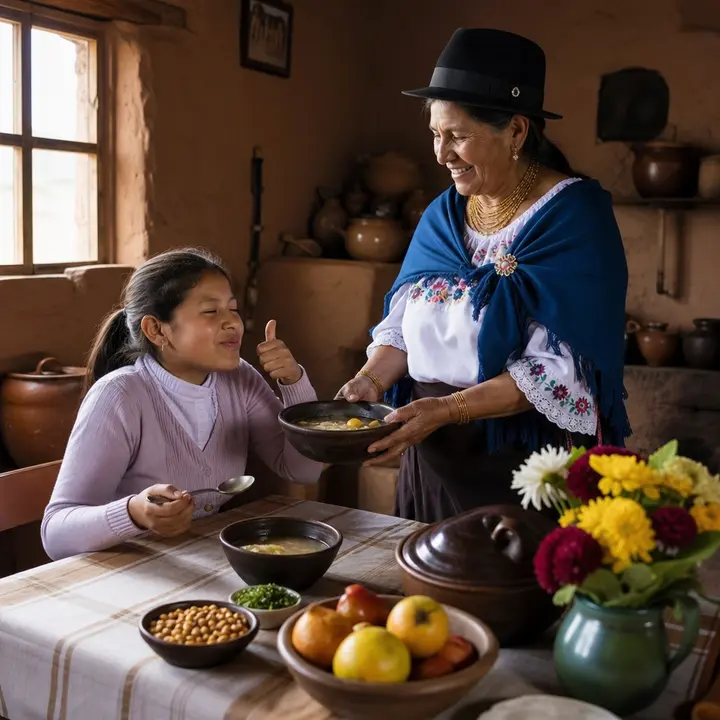 An Ecuadorian grandmother serves a steaming bowl of homemade soup in a traditional kitchen with adobe walls and clay utensils.