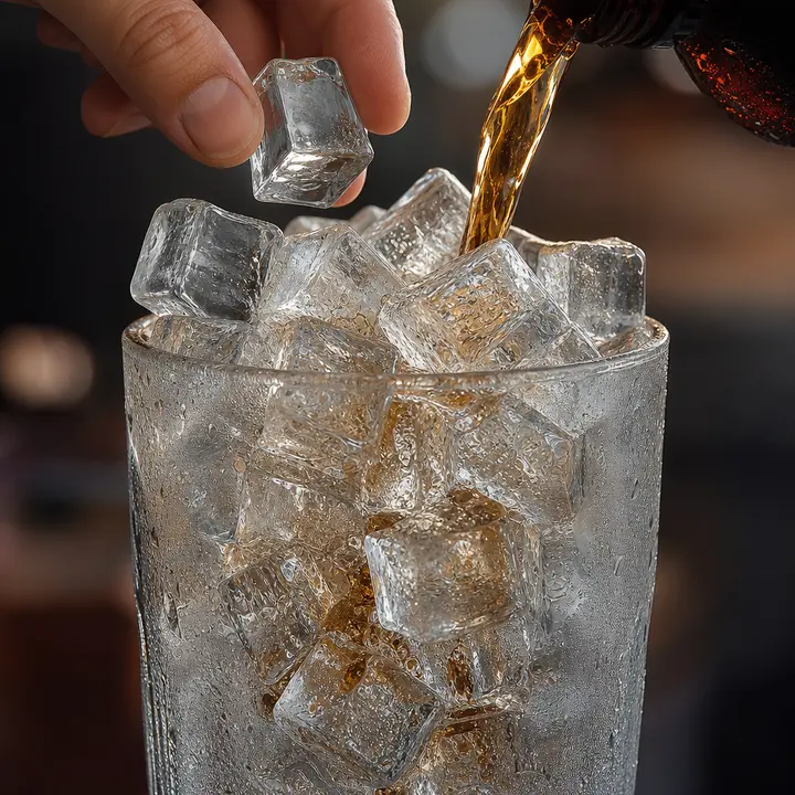 A close-up of a glass tumbler filled to the brim with transparent, glistening ice cubes, with droplets of condensation sliding down the glass.