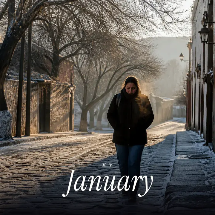 A person in a heavy coat and scarf walking past bare trees on a cold, bright winter morning, with the English word January printed across the bottom.