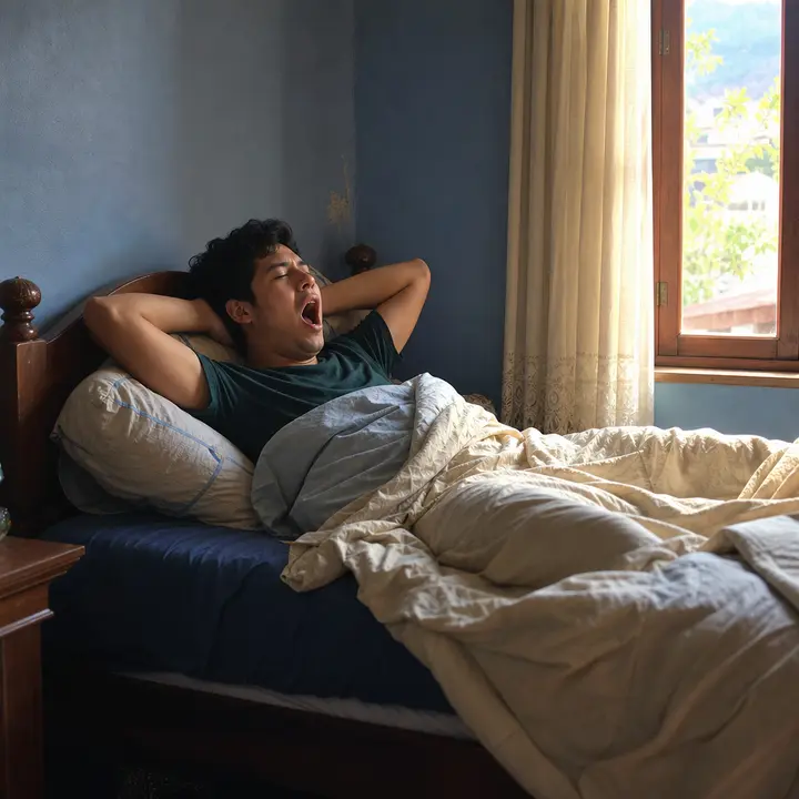 A young man lying in bed at midday, yawning with his arms behind his head while sunlight comes through the window.