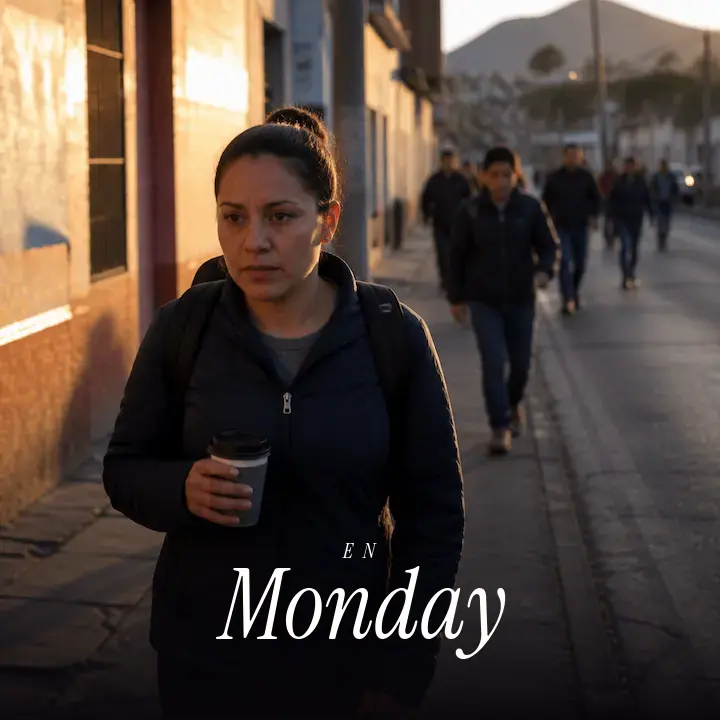 Commuters walking to work in early morning light, coffee in hand, with the English word Monday printed across the bottom.