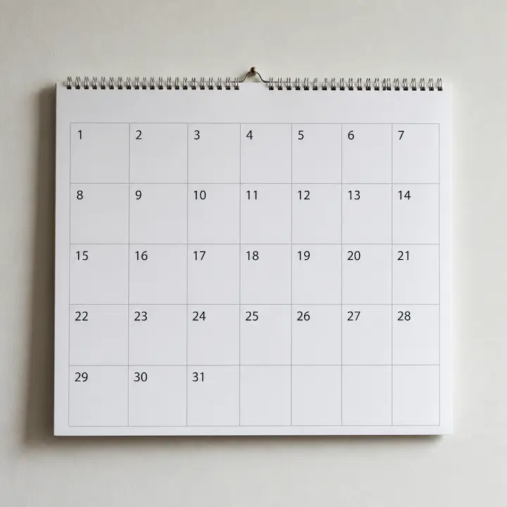 A wall calendar page showing the full grid of days for one month.