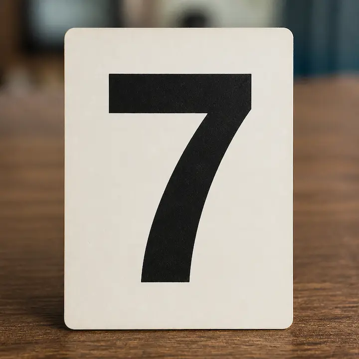 A white card with the black number seven, standing on a wooden table.