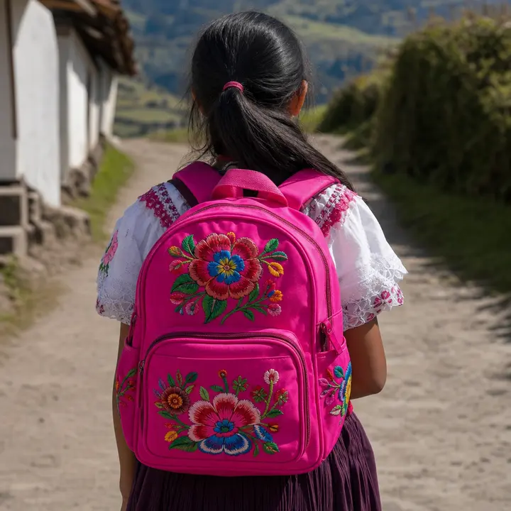 An Ecuadorian girl seen from behind wears a backpack in a vivid, saturated pink with embroidered flowers.