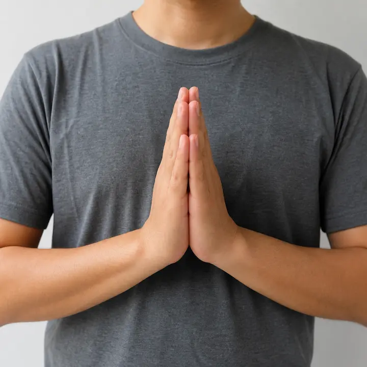 A man in a gray T-shirt presses his palms together in front of his chest, as if in a gesture of pleading or gratitude.