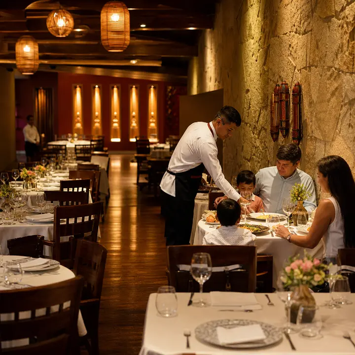 The interior of an elegant Peruvian restaurant is shown with several tables set with white tablecloths, glasses, cutlery, and served plates.
