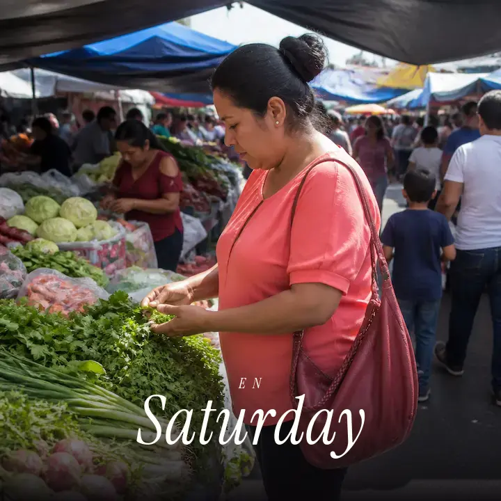 A busy open-air market full of families shopping, with the English word Saturday printed across the bottom.