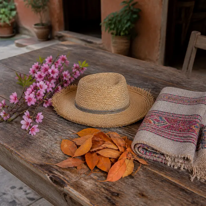 A branch of pink blossom, a straw sun hat, orange fallen leaves and a folded wool wrap on one table: the four seasons as four objects.