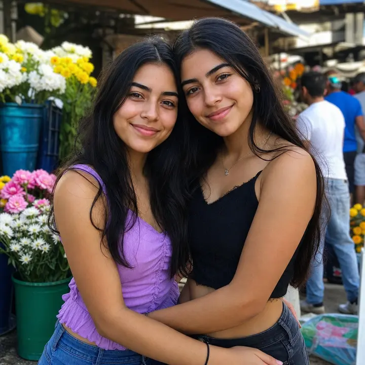 Two young Latin American women with similar features, clearly sisters, pose together smiling with arms linked at a Venezuelan market full of flowers.