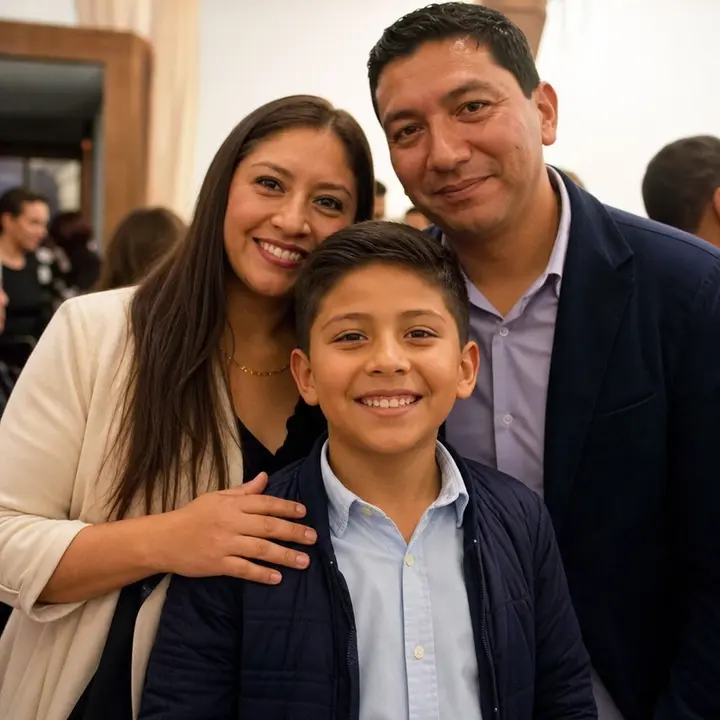 A smiling Ecuadorian boy, about ten years old, standing well-lit beside his proud parents at a family gathering.