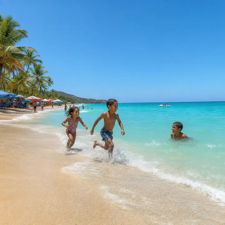 Children in colorful swimsuits splash in the turquoise waves of a Caribbean beach under a bright sun.