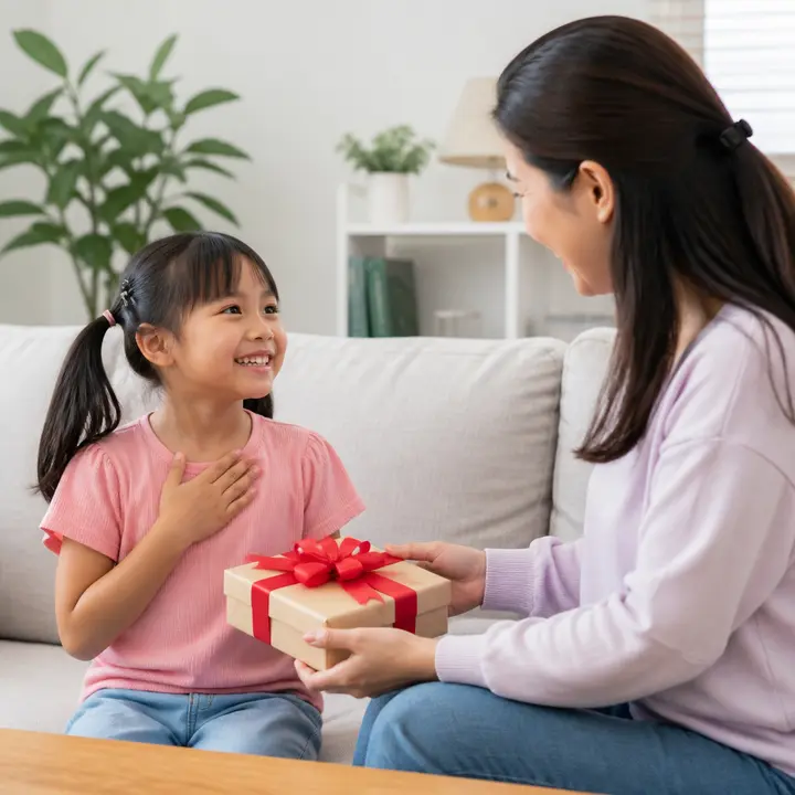 A smiling girl with pigtails receives a wrapped gift with a bow from her mother.