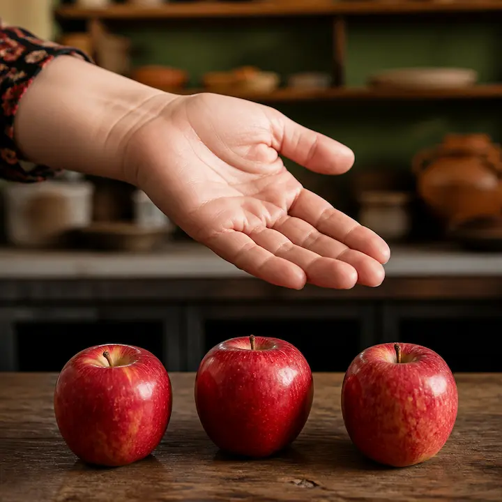 An open hand held over a wooden table with three red apples on it.