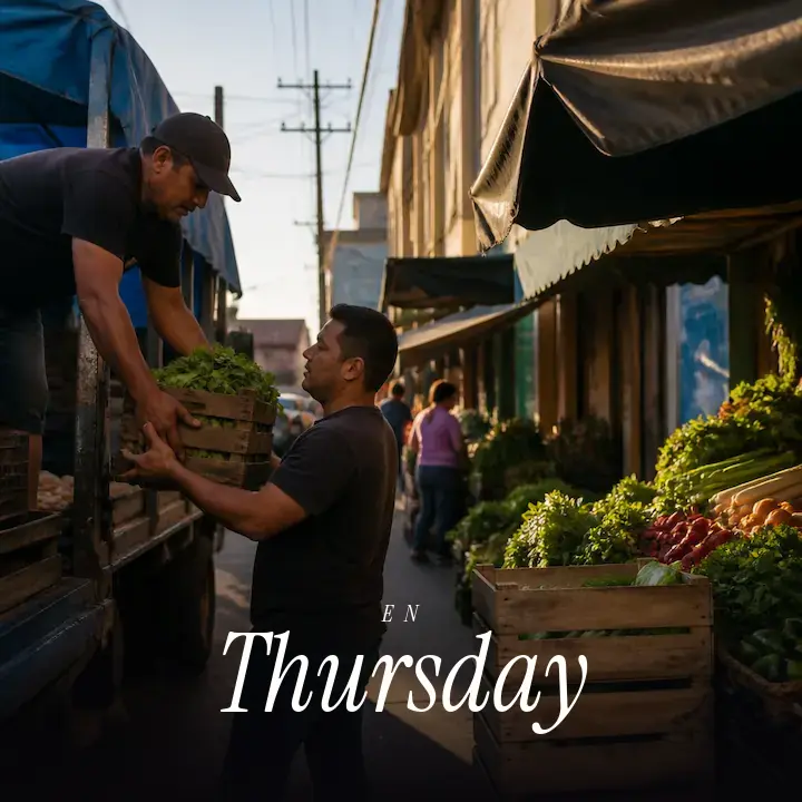 Two men unloading crates of greens from a truck at a street market stall in low afternoon light, with the English word Thursday printed across the bottom.
