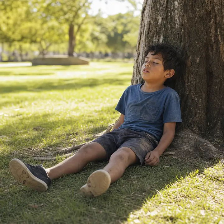 A Latin American boy of about eight years old is sitting on the ground in an Argentine park, leaning against a tree with his eyes almost closed and his shoulders drooping.