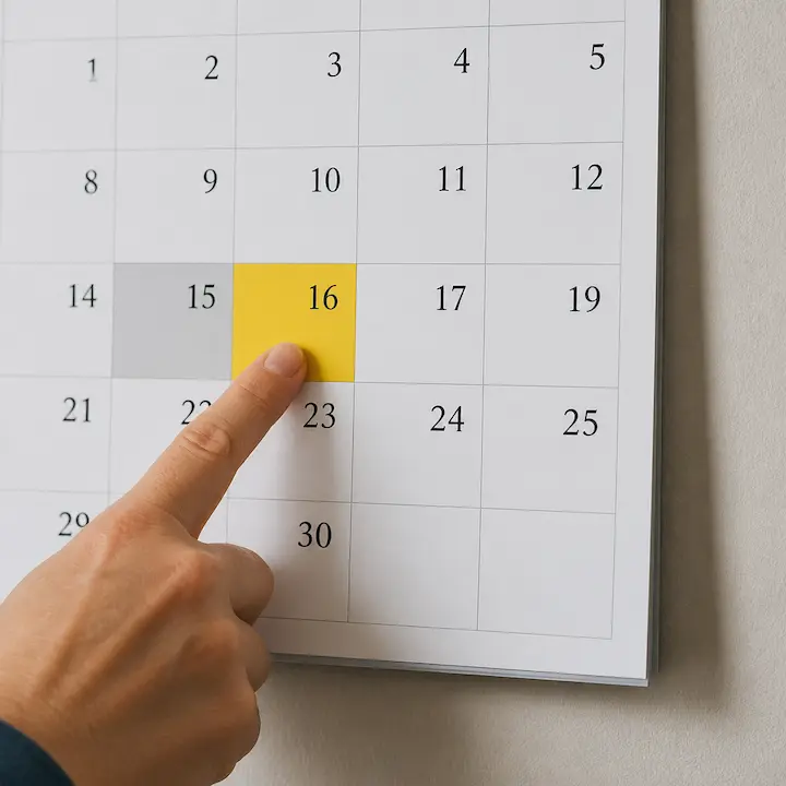 A hand points a finger at the number 16 on a wall calendar, which is highlighted in yellow.