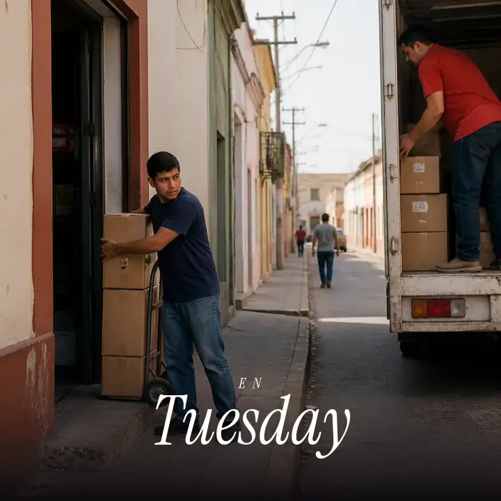 A quiet street on a weekday morning with a delivery being unloaded, with the English word Tuesday printed across the bottom.