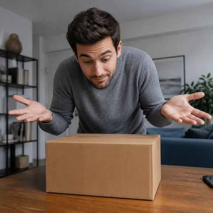 A person with a curious expression and raised eyebrows leans over a closed cardboard box on a table, shrugging slightly with open palms facing upward, as if asking what is inside.