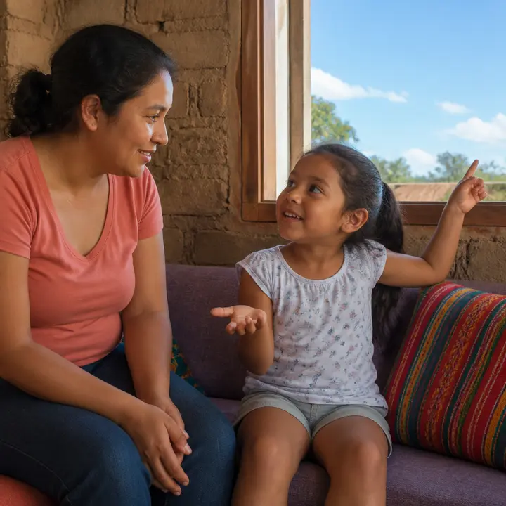 A small girl with a curious expression and shrugged shoulders asks her mother a question, pointing toward the bright blue sky through a window of their Latin American home.