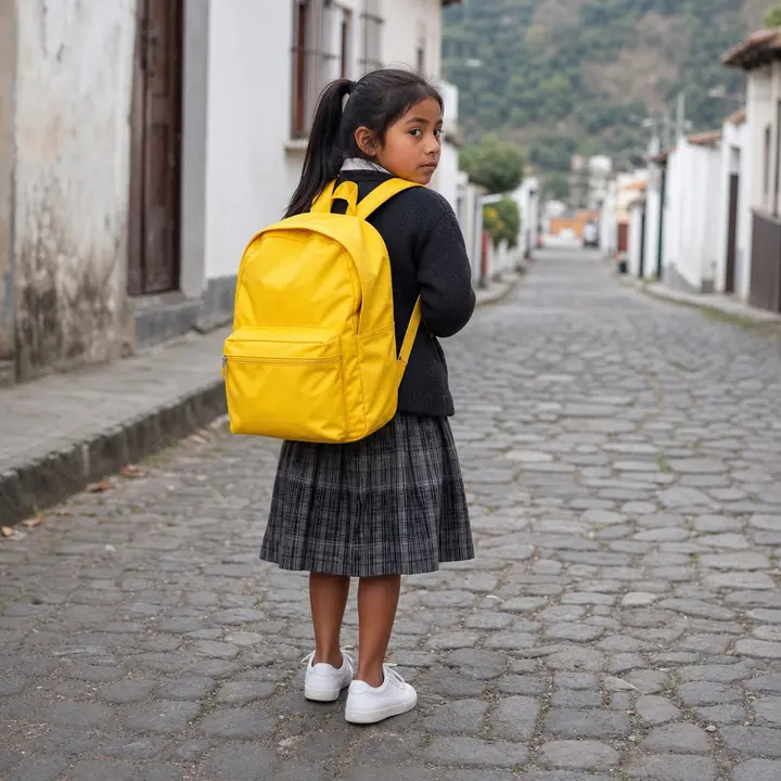 A Guatemalan girl wears a backpack of a bright yellow color and white shoes, standing on a cobblestone street.