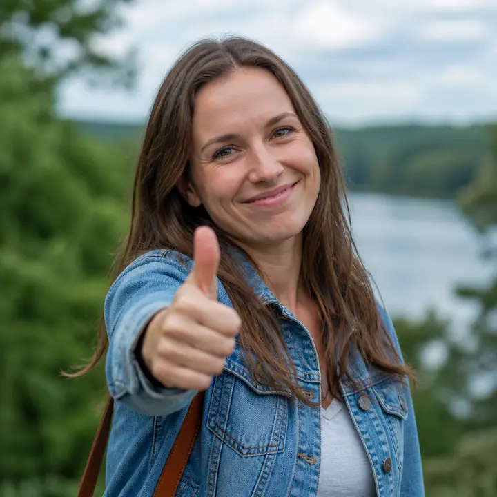 A smiling woman in a denim jacket gives a thumbs up in front of a lake and trees.
