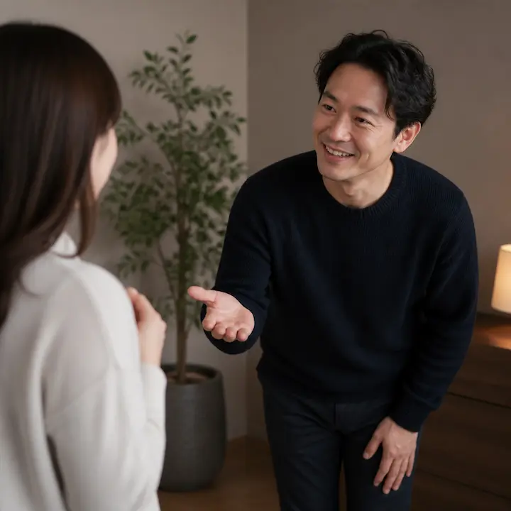 A smiling man in a dark sweater talks to a woman, with his hands open as if saying something kind, in a living room with a plant and a lit lamp.